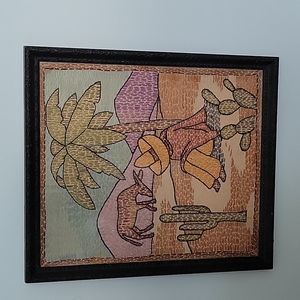 Handmade Handstitched Fiber Art Framed Vintage Needlework Needlepoint Vintage